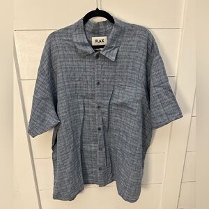 FLAX Men Blue plaid linen button short sleeve classic lagonlook shirt LARGE